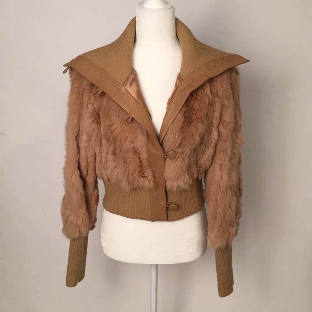 Bebe Vintage Rabbit Fur crop coat jacket tan large